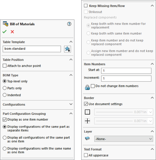 Bills of Materials interface displaying table template text box labeled bom–standard, selected option buttons for top–level only and display configurations…, and selected check box for displays as one item number.