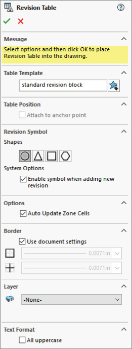 Revision Table PropertyManager interface displaying template table text box labeled standard revision block and table position, revision symbol and system options, options, border, layer, and text format panels.