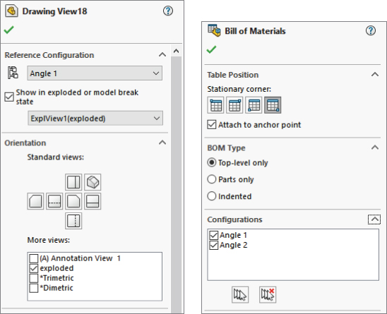 Drawing View 18 interface displaying reference configuration drop–down box labeled angle 1. At the right is Bill of Materials interface with selected top–level only option button under BOM type.