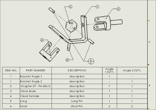 Drawing view of an object with parts marked by lines with circles labeled 1–6 (top) and BOM table with 6 rows and 5 columns for item number, part number, description, angle 1/quantity, and angle 2/quantity.