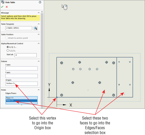 Hole Table PropertyManager interface with expanded edges/faces drop–down list under holes. At the right is a hole table. Arrows indicated select this vertex to go into the origin box and select these two faces to go….