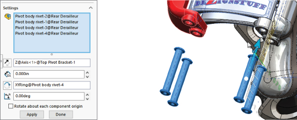 Settings panel displaying the Explode Direction box below the bigger Components To Explode selection box (left) and schematic displaying the exploded view of the assembly (right).