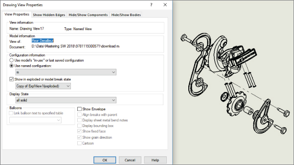 Drawing View Properties dialog box with selected View Properties tab displaying panels for View information, Model information, etc. (left) and panel displaying the exploded state on the drawing (right).