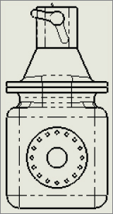 A drawing of an assembly enclosed in shaded box. The assembly has dashed portions.