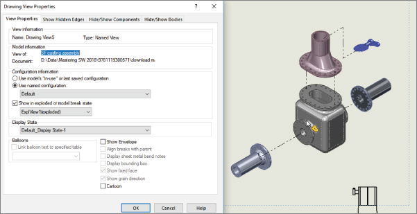 Drawing View Properties Dialog box with selected View Properties. The tab displays sections for View information, Model information, etc. At the right portion is an exploded view of an assembly.