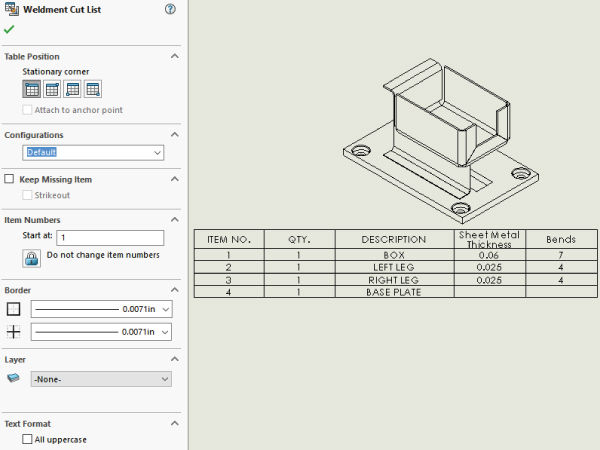 Left: Weldment Cut List PropertyManager with filled boxes for panels Table position, Configurations, etc. Right: Illustration of the multibody sheet metal base on the properties (top) and a 5–column table (bottom).