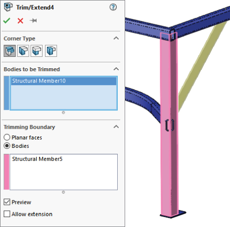 Trim/Extend4 Feature displaying selected Bodies and Preview. At the right side is an illustration with trimmed legs and braces by a single face on the bottom side of the rectangular section of the frame.