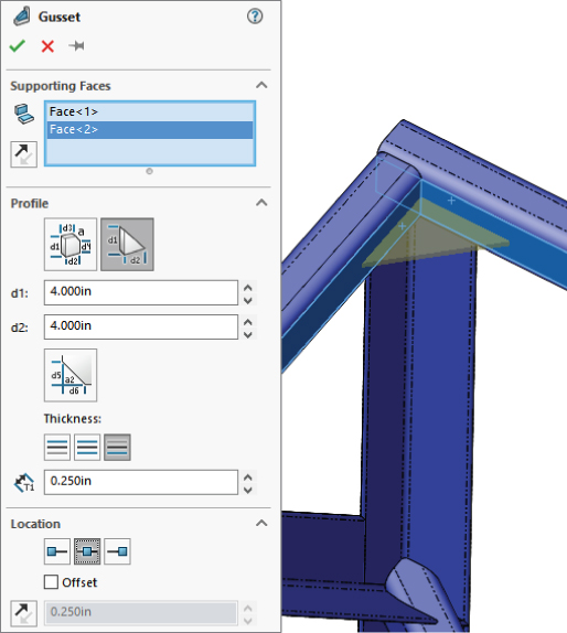 Gusset Feature depicting filled panels for Supporting Faces (Face<2>), Profile (4.000in), and Location (middle option). At the right side is an illustration of the weldment with gusset along the edge in the corner.