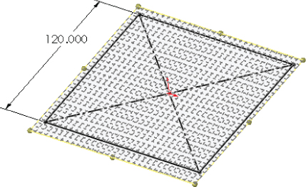 3D Sketch of a centered rectangle in with a dimensional arrow indicating 120.000.