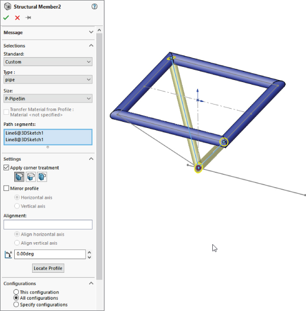 Left: Structural Member2 PropertyManager with drop–down bars labeled Custom, pipe, and P–Pipe8in. Right: Sketch after Step 18 depicting right–angled bars forming a rectangle with 2 bars down connecting the 2 corners.