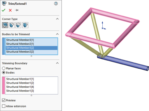 Left: Trim/Extend1 PropertyManager with panels for Corner Type, Bodies to be Trimmed, and Trimming Boundary. Right: Sketch after Step 26 depicting right–angled bars forming a rectangle with bars connecting the corners.