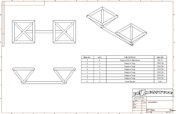 Illustration of the finished drawing in different view (top, side, and mid–top views). At the right portion is a 4–column table labeled ITEM NO., QTY., DESCRIPTION., and LENGTH. Below is another table labeled DEZIGNSTUFF.