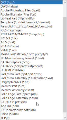 FeatureManager displaying neutral and native format files labeled DXF (*.dxf), DWG (*.dwg), Adobe Photoshop Files (*.psd), Adobe Illustrator Files (*.ai), Lib Feat Part (*.lfp;&*.sldlfp), etc.