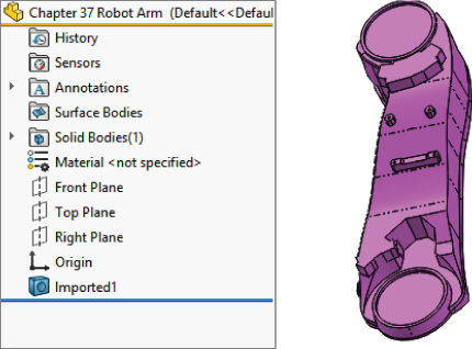 Left: Chapter 37 Robot Arm… FeatureManager displaying selected Annotations and Solid Bodies. Right: 3D illustration displaying a single solid body curve bar with circles at both ends.