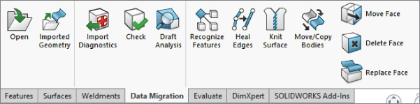 SolidWorks Data Migration tab on the CommandManager displaying tools such as Open, Imported Geometry, Import Diagnostics, Check, Draft Analysis, Recognize Features, Heal Edges, Knit Surface, etc.