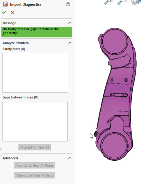 Left: Import Diagnostics FeatureManager with a Message box and empty boxes under Faulty faces (0) and Gaps between faces (0). Right: 3D illustration displaying a single solid body curve bar with circles at both ends.