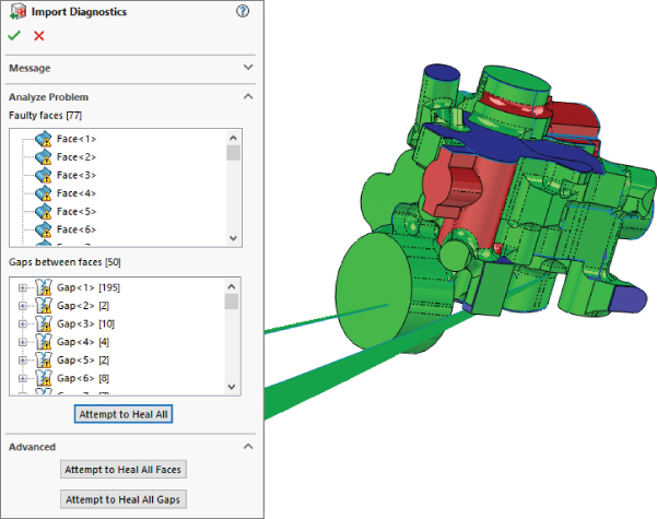 Left: Import Diagnostics FeatureManager with filled boxes for Faulty Faces [77] and Gaps between faces [50] and highlighted Attempt to Heal All below. Right: 3D illustration of the model with pointy triangular faces.