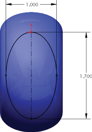 3D sketch of a vertical ellipse with dimensional arrows indicating the height and length labeled 1.700 and 1.000, respectively.