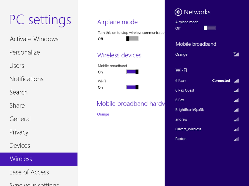 The WiFi and mobile broadband connection