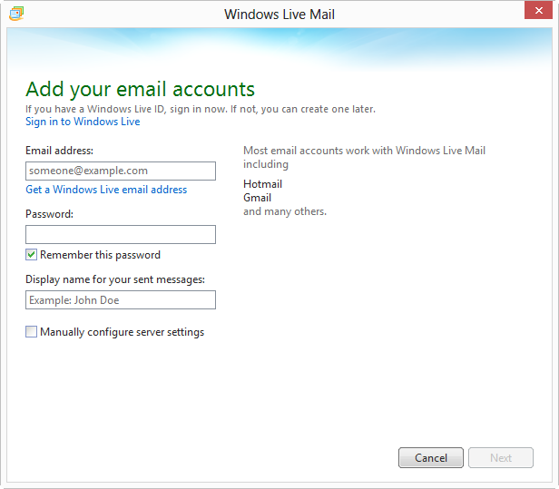 Setting up an email account in Windows Live