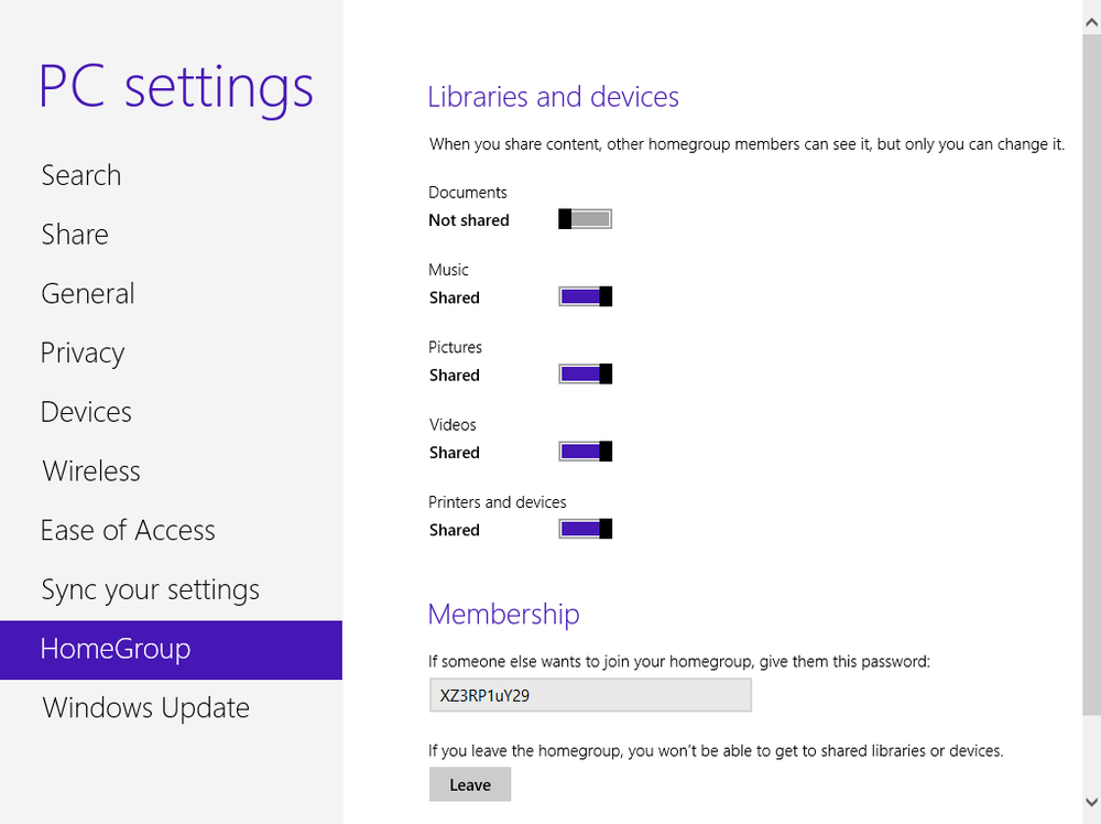 HomeGroup options in Windows 8