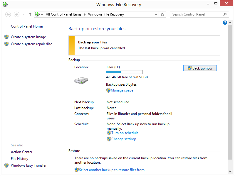 Windows 7 File Recovery Panel