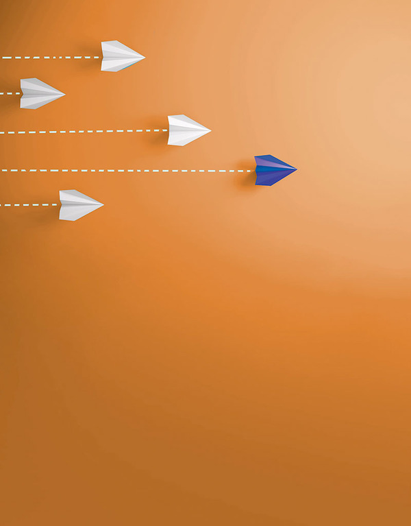 Five paper planes point to the right and are at different locations. Parallel horizontal dashed lines show the path taken by the planes. One of the planes is of a different color and is at the lead.