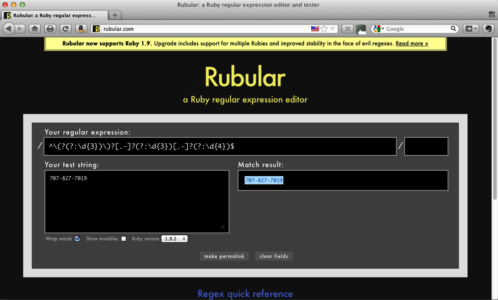 Phone number regex in Rubular