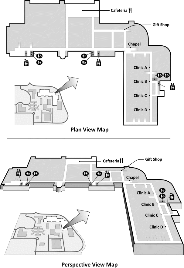 The figure depicting plan view (top) and perspective view (bottom) in you-are-here maps.