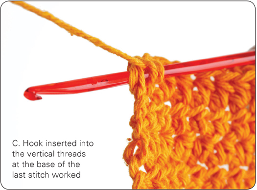 C. Hook inserted into the vertical threads at the base of the last stitch worked