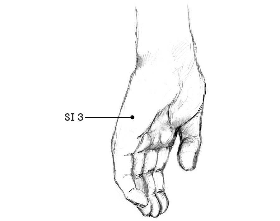 An illustration of the acupoints on the small intestine meridian on the hand.