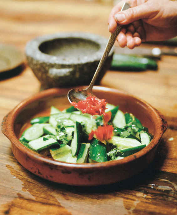 smashed cucumber with chiles and mint