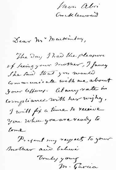 FACSIMILE OF A LETTER WRITTEN BY MANUEL GARCIA AT THE AGE OF NINETY-ONE.