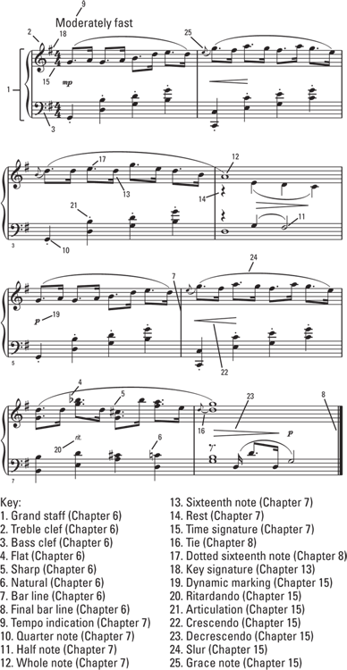 Schematic illustration of an example of music written for the piano.