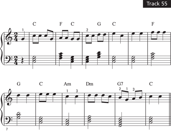 Schematic illustration of transforming chord symbols into notes on the staff.