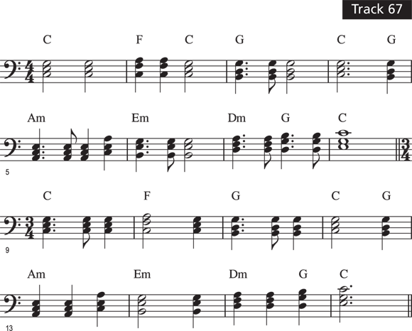 Schematic illustration of the left-hand chords in varied rhythm patterns.