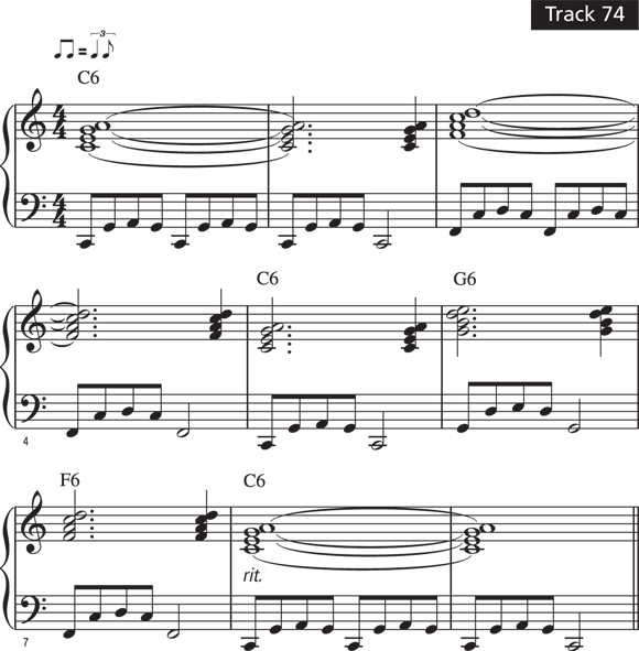 Schematic illustration of Mosey along with the bum-ba-di-da bass pattern.