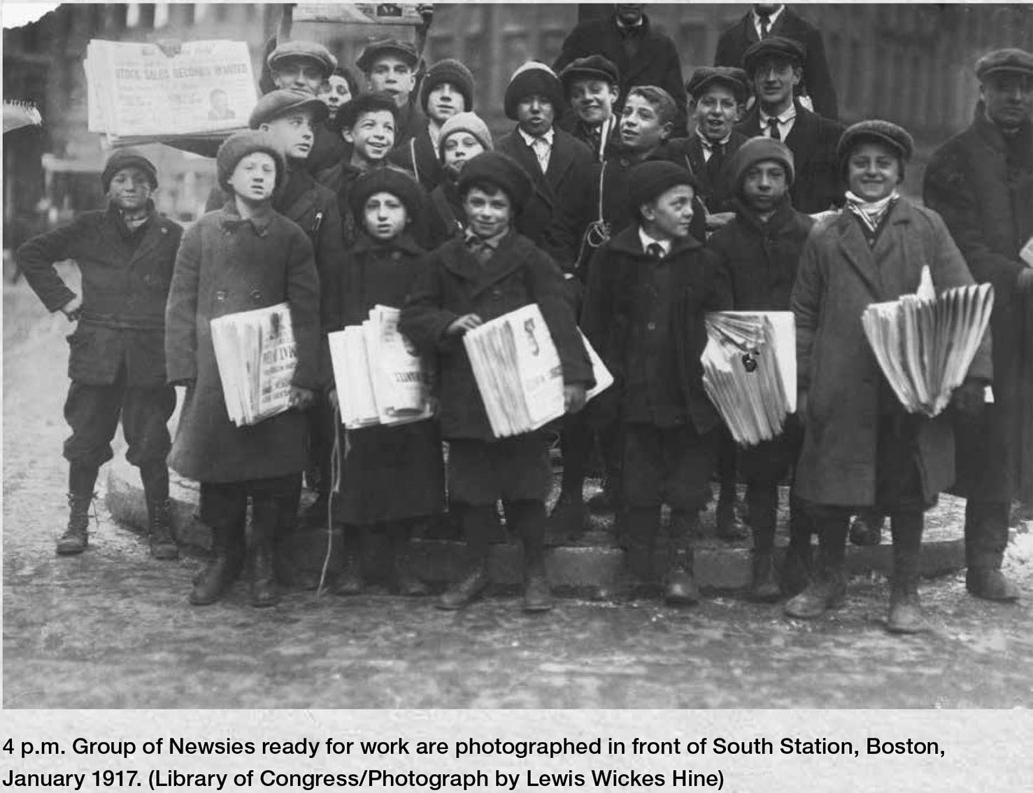 4 p.m. Group of Newsies ready for work are photographed in front of South Station, Boston, January 1917. (Library of Congress/Photograph by Lewis Wickes Hine)