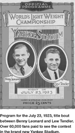 Program for the July 23, 1923, title bout between Benny Leonard and Lew Tendler. Over 60,000 fans paid to see the contest in the brand new Yankee Stadium.