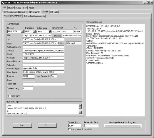 Spoofing SIP messages using SiVuS