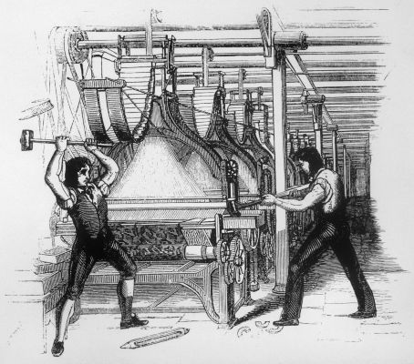 A sketch depicting Luddites in the early 1800s.