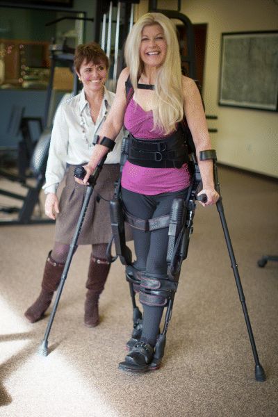 Photograph depicting Amanda Boxtel with her exoskeleton.