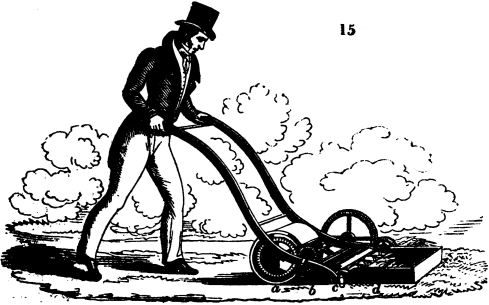 A cartoon sketch depictin Mr. Budding and the first lawn mower.