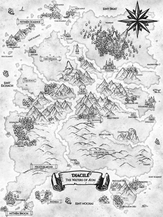 A map of a fantasy world that is one large continent with nine rivers that divide it like spokes on a wheel from a central island, upon which grows an enormous tree called the Gleiteár, the All-Tree. The Waters Aeon flow from a source beneath this tree and throughout the land. The tree is surrounded by tall mountains that taper into hills and forests in the surrounding countryside, and around the edge of this continent are several archipelagos of smaller islands.