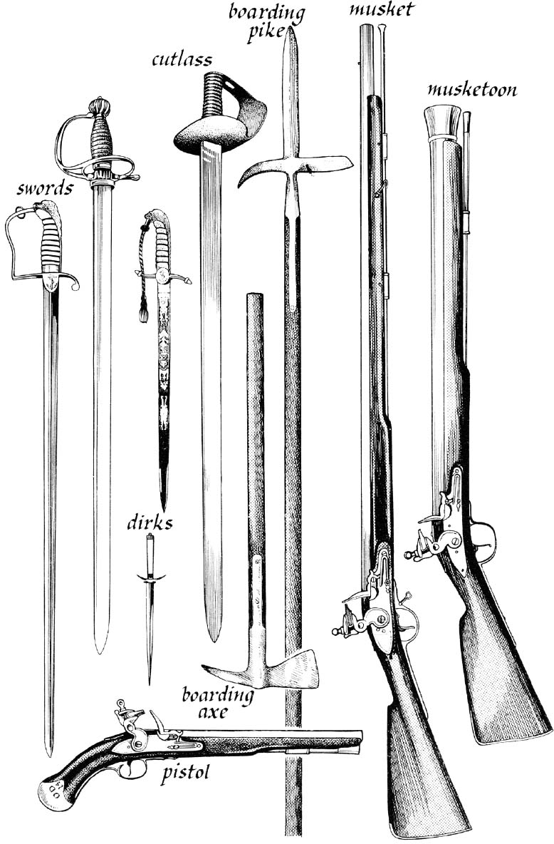 From the man-of-war’s armoury, a selection of weapons 