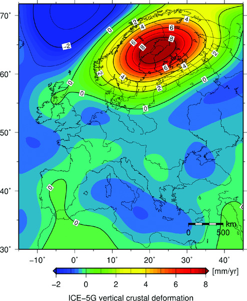 Map shows present-day vertical crustal deformation, as result of changing ice and ocean water loads since LGM, along with ICE-5G vertical crustal scale, which is ranging from -2 to 8.