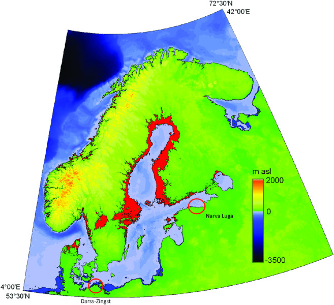 Image shows contour of areas of transgression and regression of Baltic Sea since Littorina transgression ca. 8 ka BP, where Narva-Luga and Darss-Zingst areas are marked with 0 and -3500 m asl, respectively.