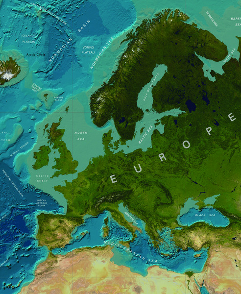 Map shows Europe and Mediterranean, where Arctic circle is marked at top, Icelandic Plateau and Norwegian Basin are found at North; Baltic Sea is seen at central region; Black Sea at Southeast, et cetera.