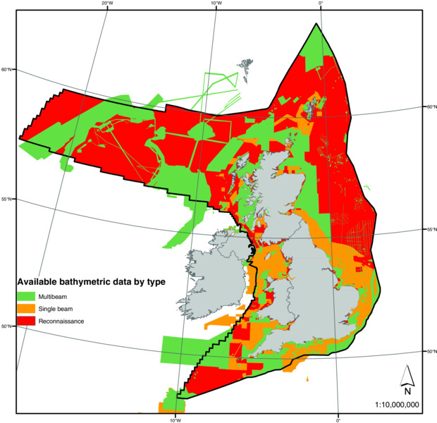 Map shows typical progressive improvement in resolution and accuracy of seabed bathymetric survey by following types: multibeam, single beam, and reconnaissance.