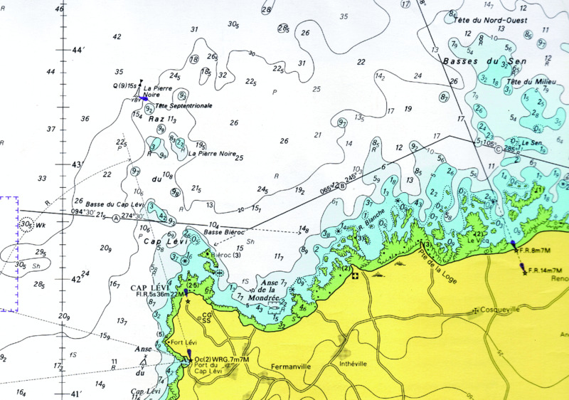 EChart shows navigational representation of Cap Lévi and bathymetry close to Paleolithic site off Biéroc and this data is from scale ranging from 1 to 50,000 and scale is given in arcminutes.